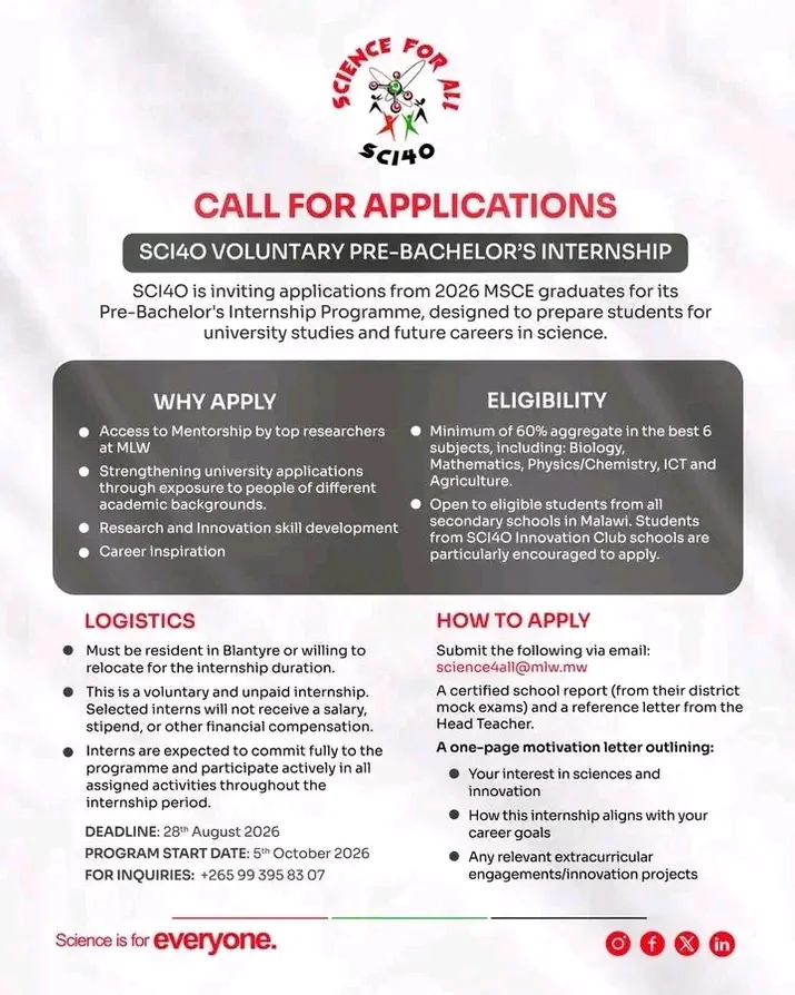 SCI4O Voluntary Pre-Bachelor's Internship